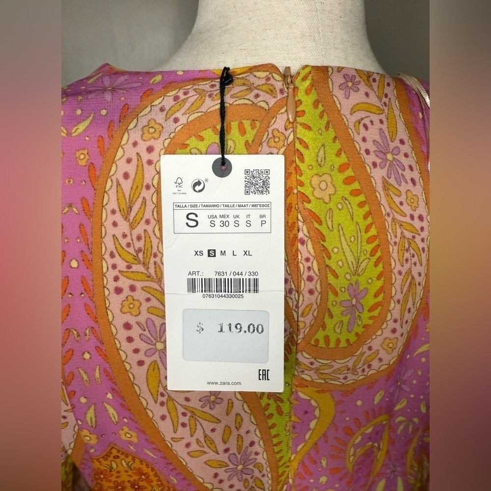 Zara Paisley Cutout Mini Dress NWT‎ Boho Festival Y2K Balloon Sleeve S - Picture 8 of 10